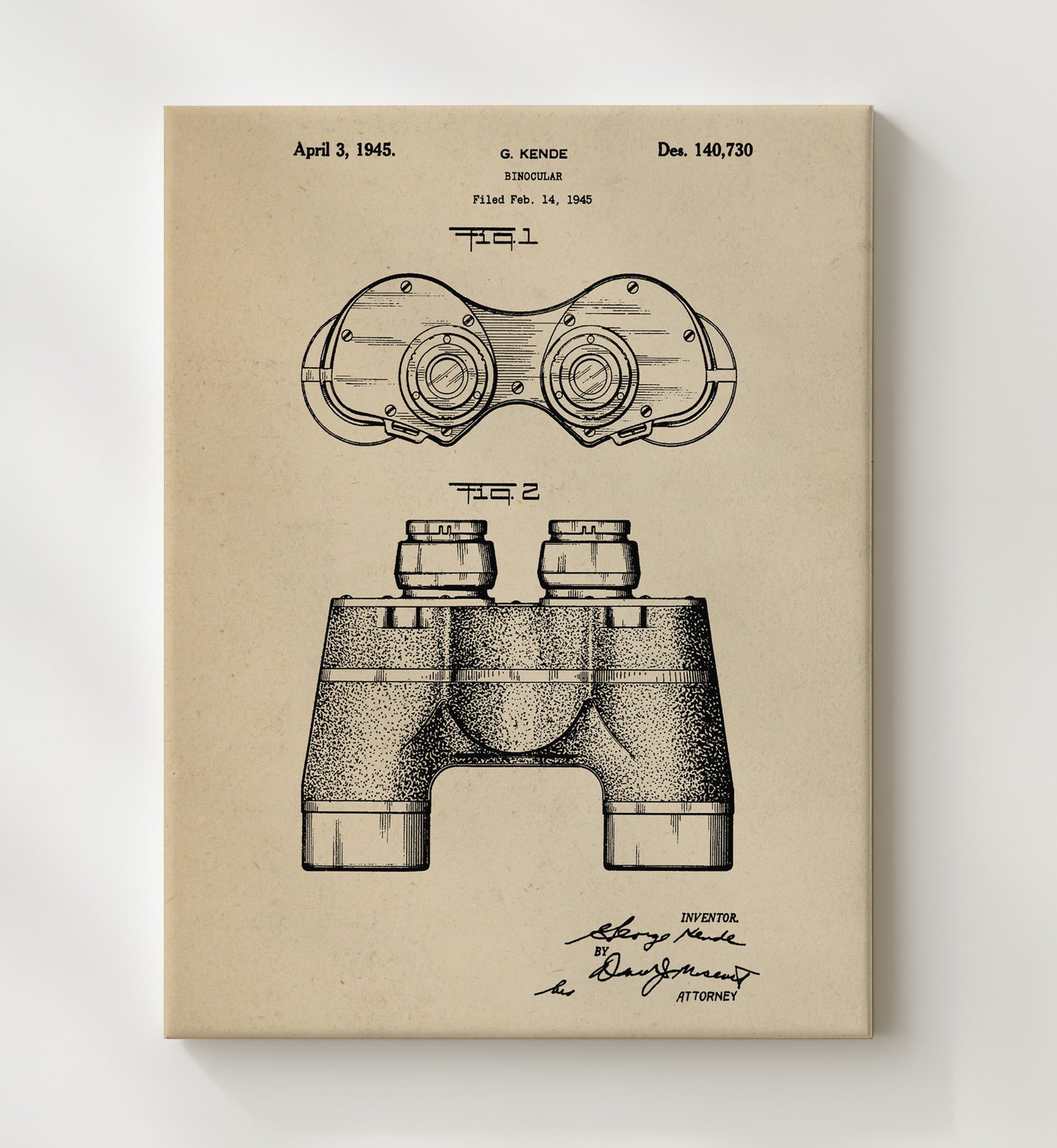 Patent Print - Binocular - G. Kende - 1945 - Patent D140730 Patent Wall Art