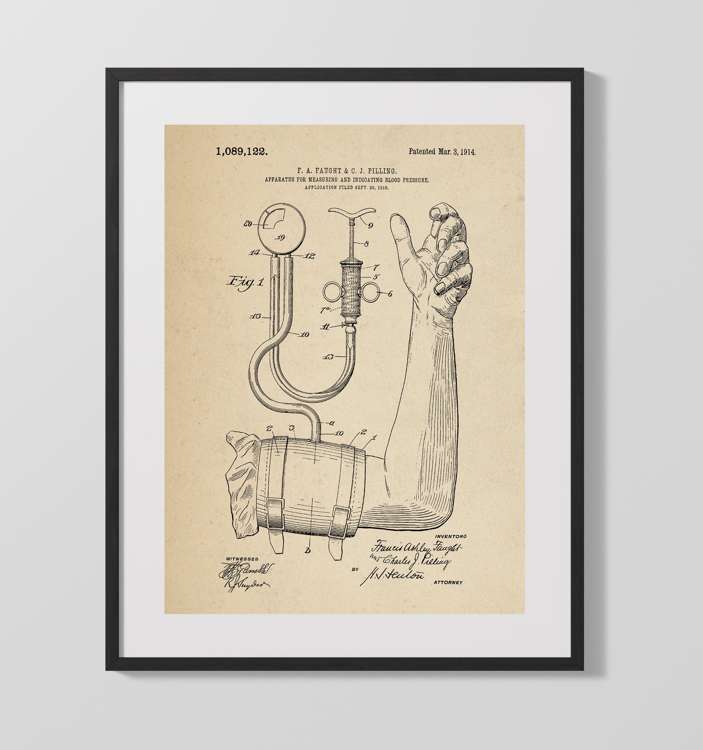 Patent Print - Blood Pressure Apparatus - Francis Ashley Faught And Charles J. Pilling - 1914 - Patent 1089122 Patent Wall Art