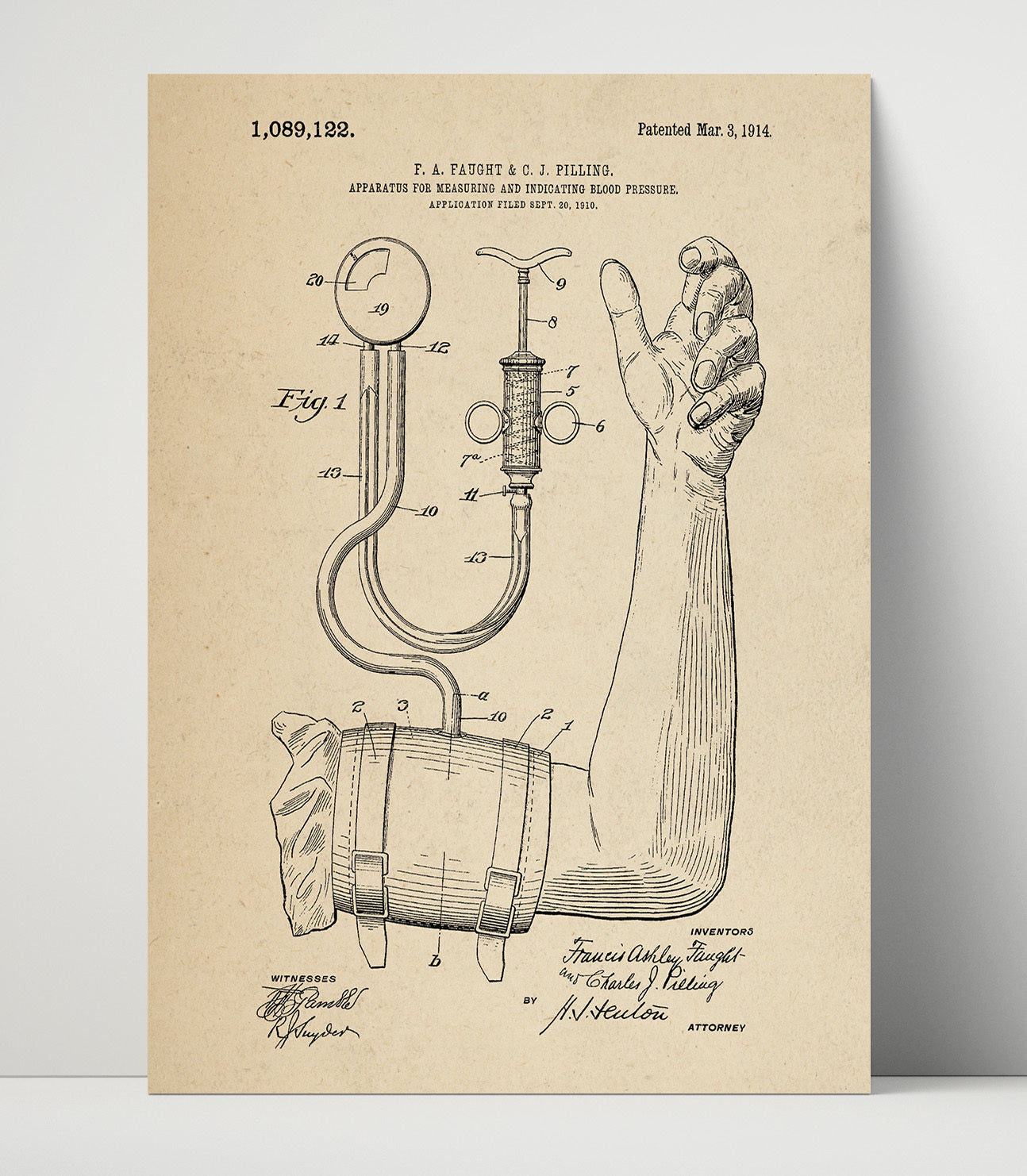 Patent Print - Blood Pressure Apparatus - Francis Ashley Faught And Charles J. Pilling - 1914 - Patent 1089122 Patent Wall Art