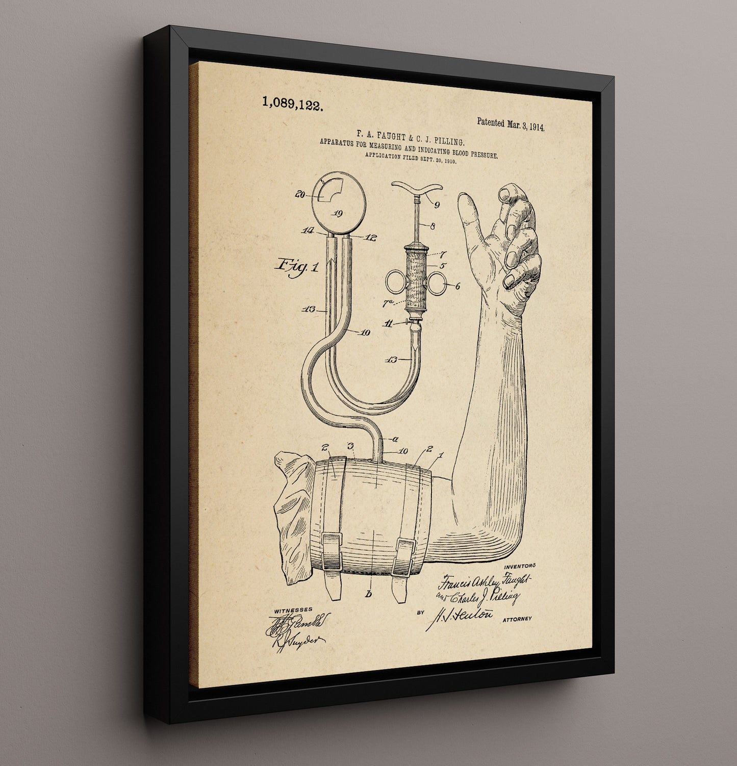 Patent Print - Blood Pressure Apparatus - Francis Ashley Faught And Charles J. Pilling - 1914 - Patent 1089122 Patent Wall Art