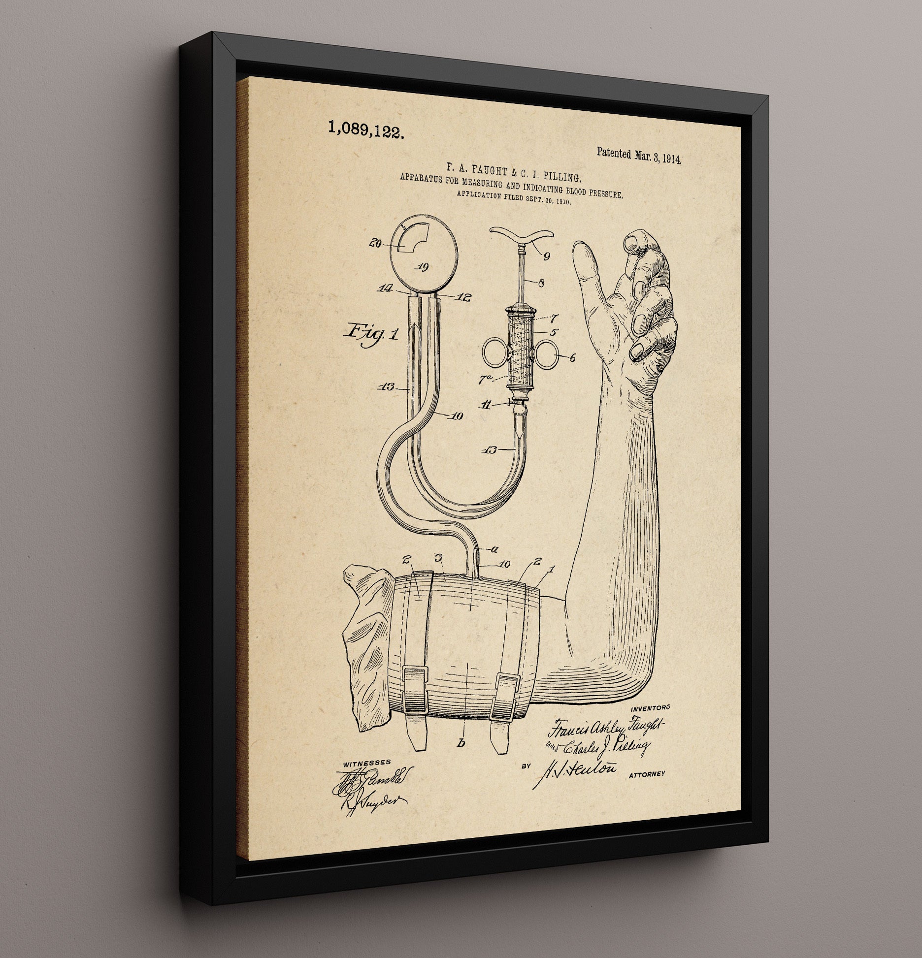 Patent Print - Blood Pressure Apparatus - Francis Ashley Faught And Charles J. Pilling - 1914 - Patent 1089122 Patent Wall Art