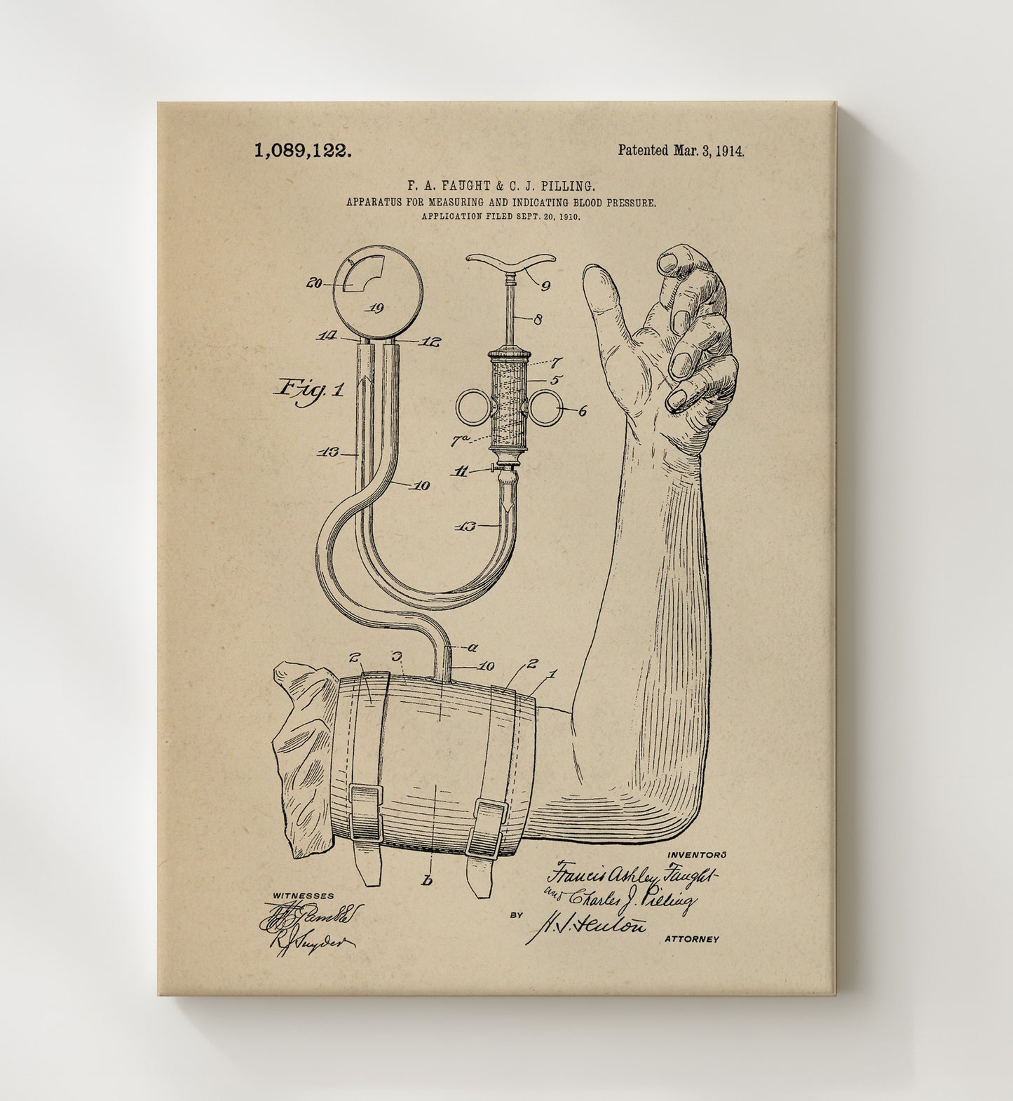 Patent Print - Blood Pressure Apparatus - Francis Ashley Faught And Charles J. Pilling - 1914 - Patent 1089122 Patent Wall Art