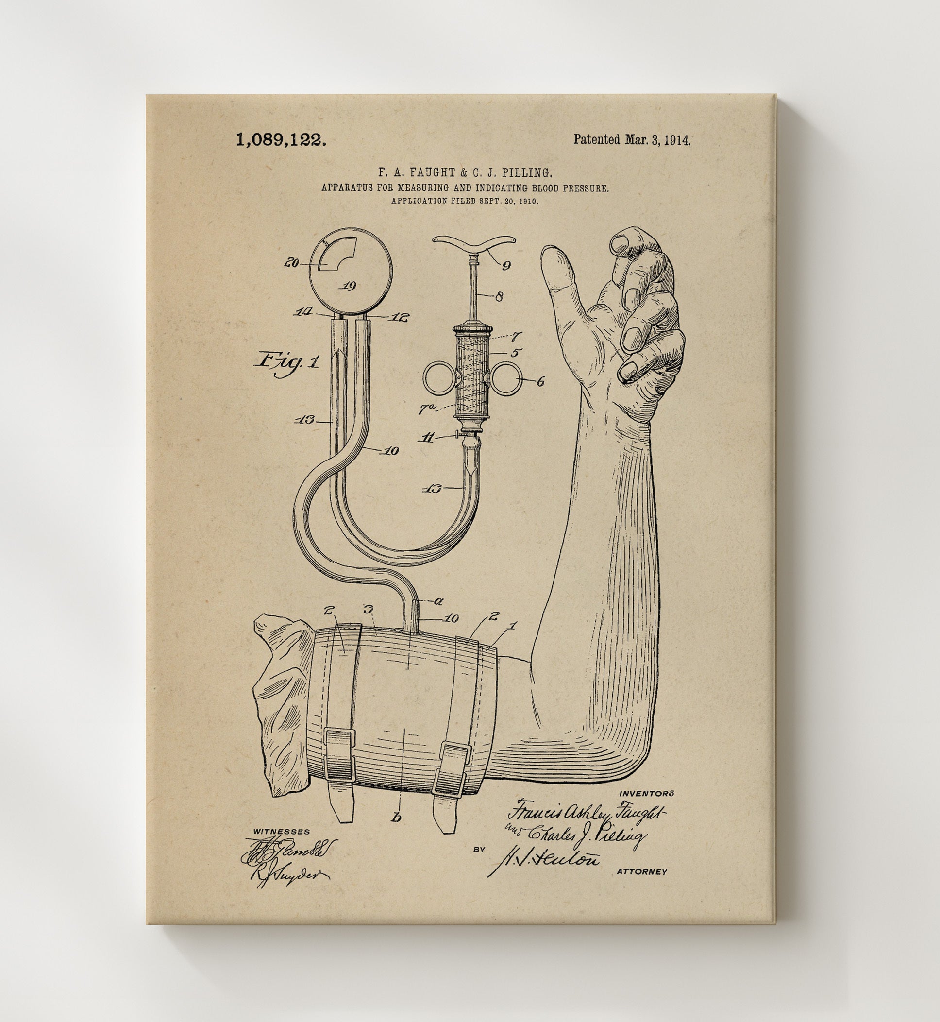 Patent Print - Blood Pressure Apparatus - Francis Ashley Faught And Charles J. Pilling - 1914 - Patent 1089122 Patent Wall Art