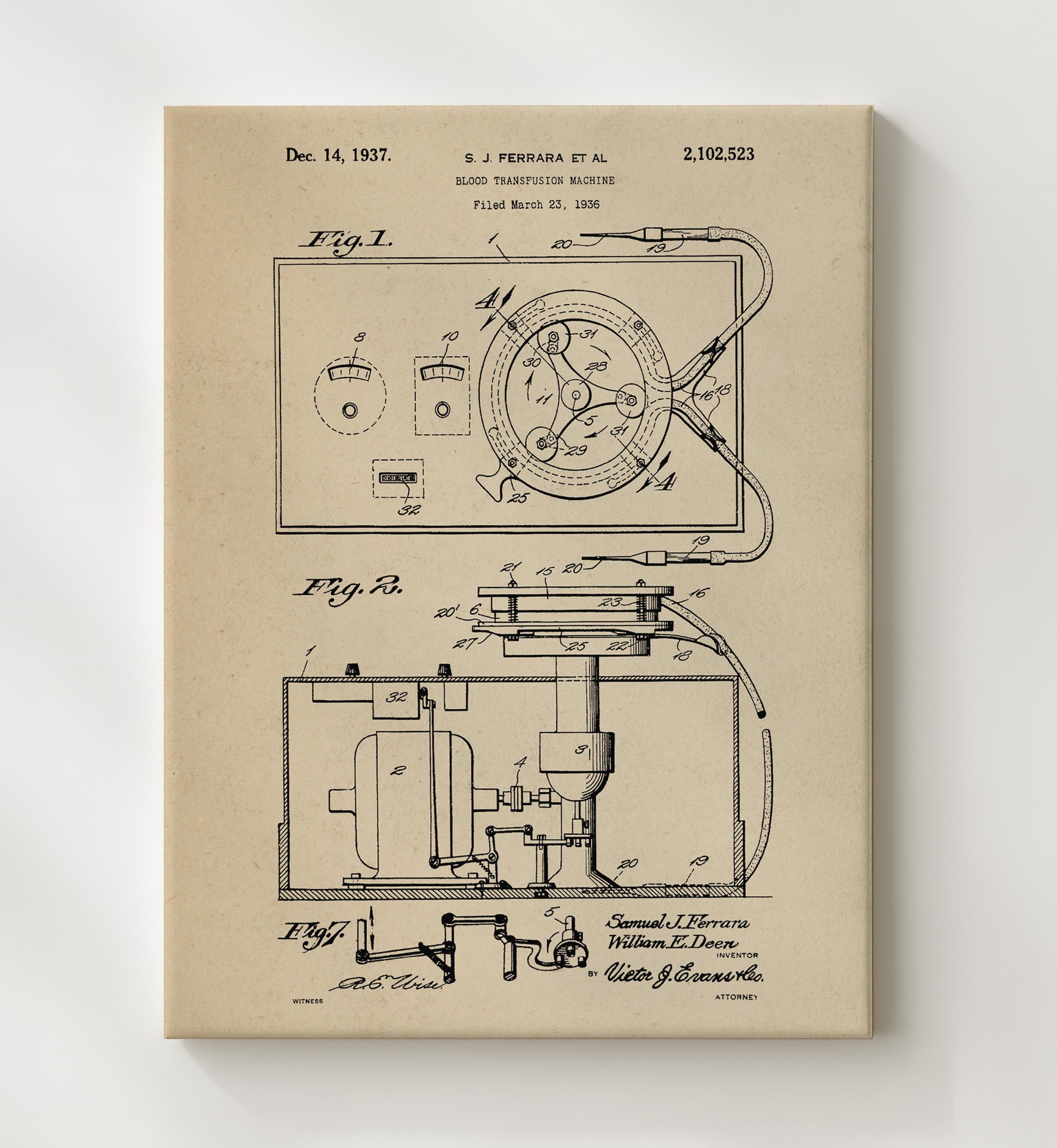 Patent Print - Blood Transfusion Machine - S. J. Ferrara Et Al - 1937 - Patent 2102523 Patent Wall Art