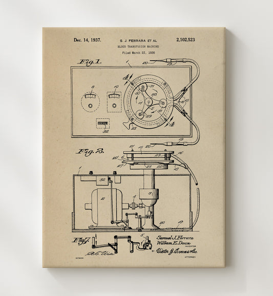Blood Transfusion Machine 1937 patent print wall art 8x10 Canvas