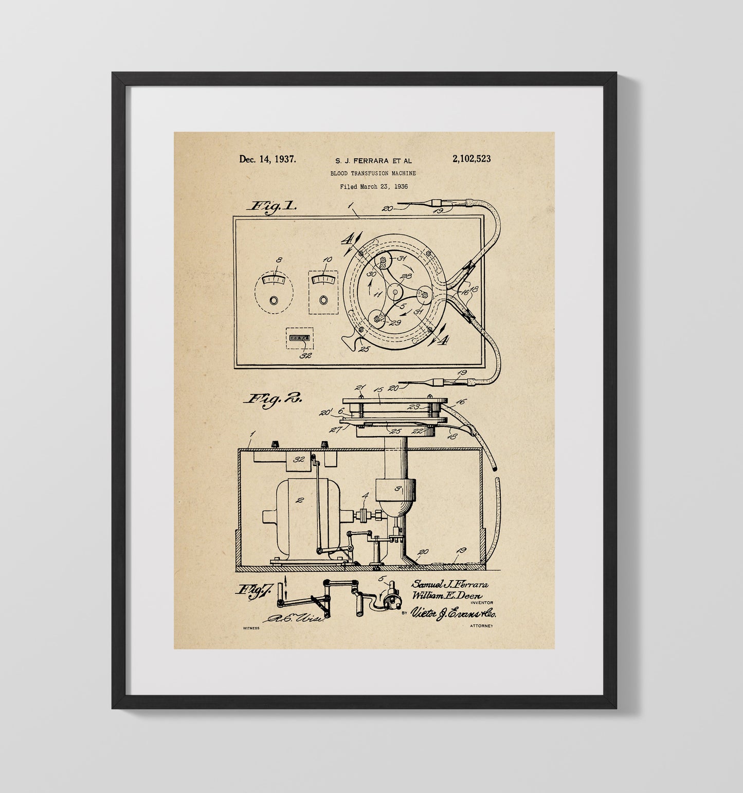 Patent Print - Blood Transfusion Machine - S. J. Ferrara Et Al - 1937 - Patent 2102523 Patent Wall Art