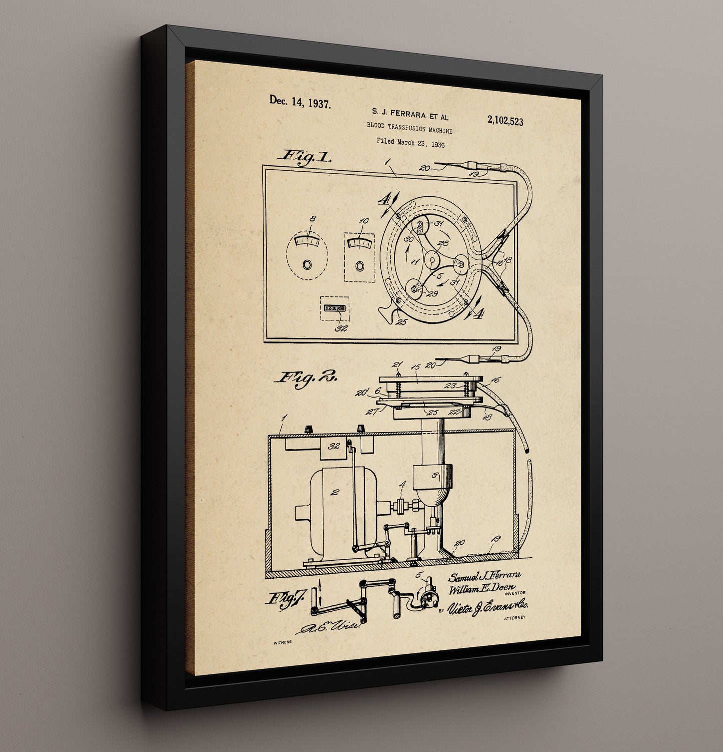 Patent Print - Blood Transfusion Machine - S. J. Ferrara Et Al - 1937 - Patent 2102523 Patent Wall Art