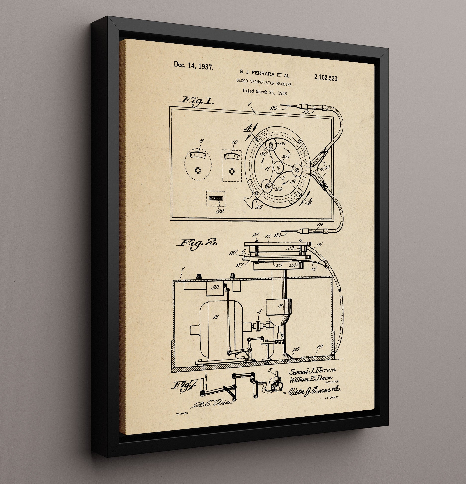 Patent Print - Blood Transfusion Machine - S. J. Ferrara Et Al - 1937 - Patent 2102523 Patent Wall Art