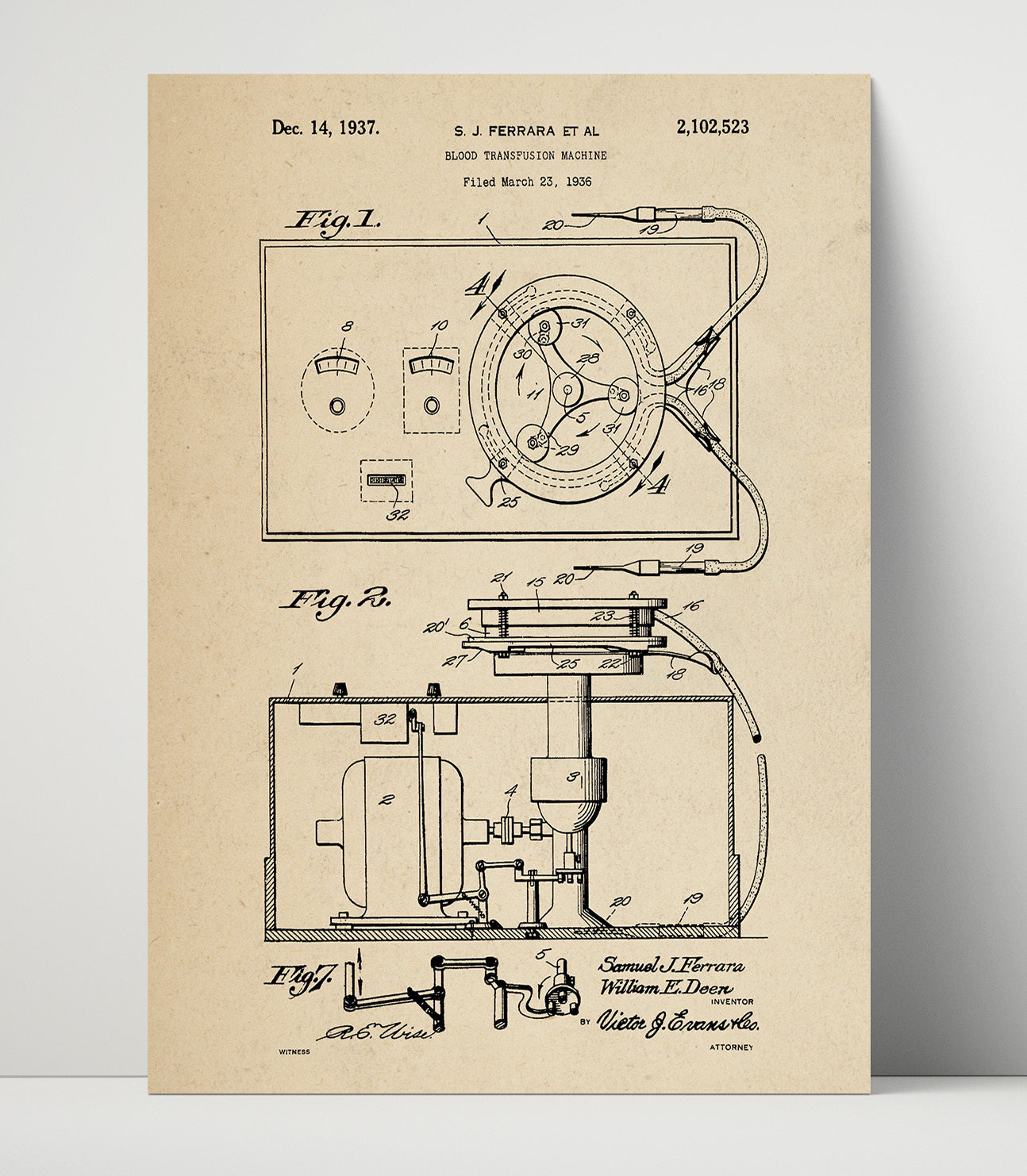 Patent Print - Blood Transfusion Machine - S. J. Ferrara Et Al - 1937 - Patent 2102523 Patent Wall Art