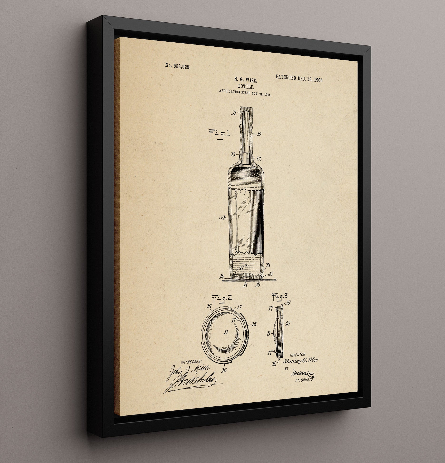 Patent Print - Bottle - S.G. Wise - 1906 - Patent 838929 Patent Wall Art