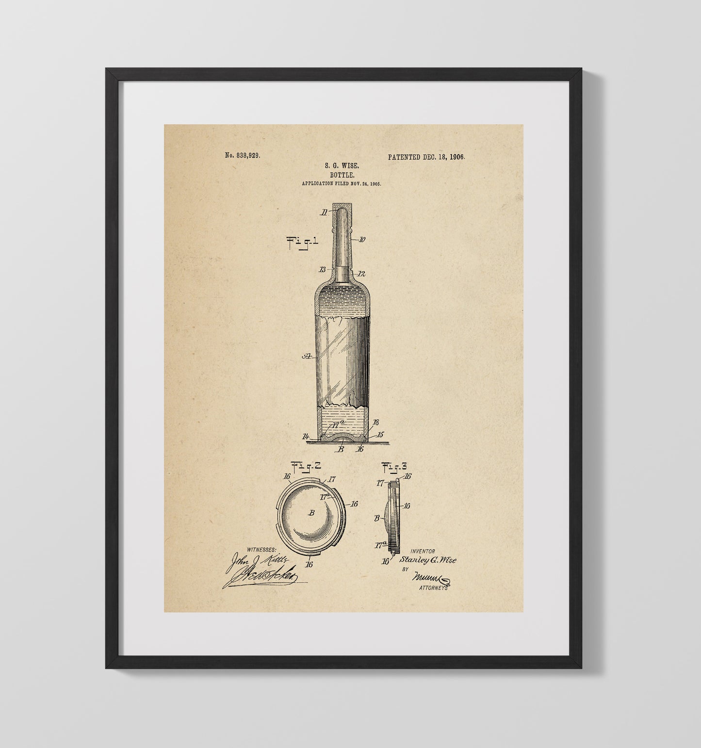 Patent Print - Bottle - S.G. Wise - 1906 - Patent 838929 Patent Wall Art
