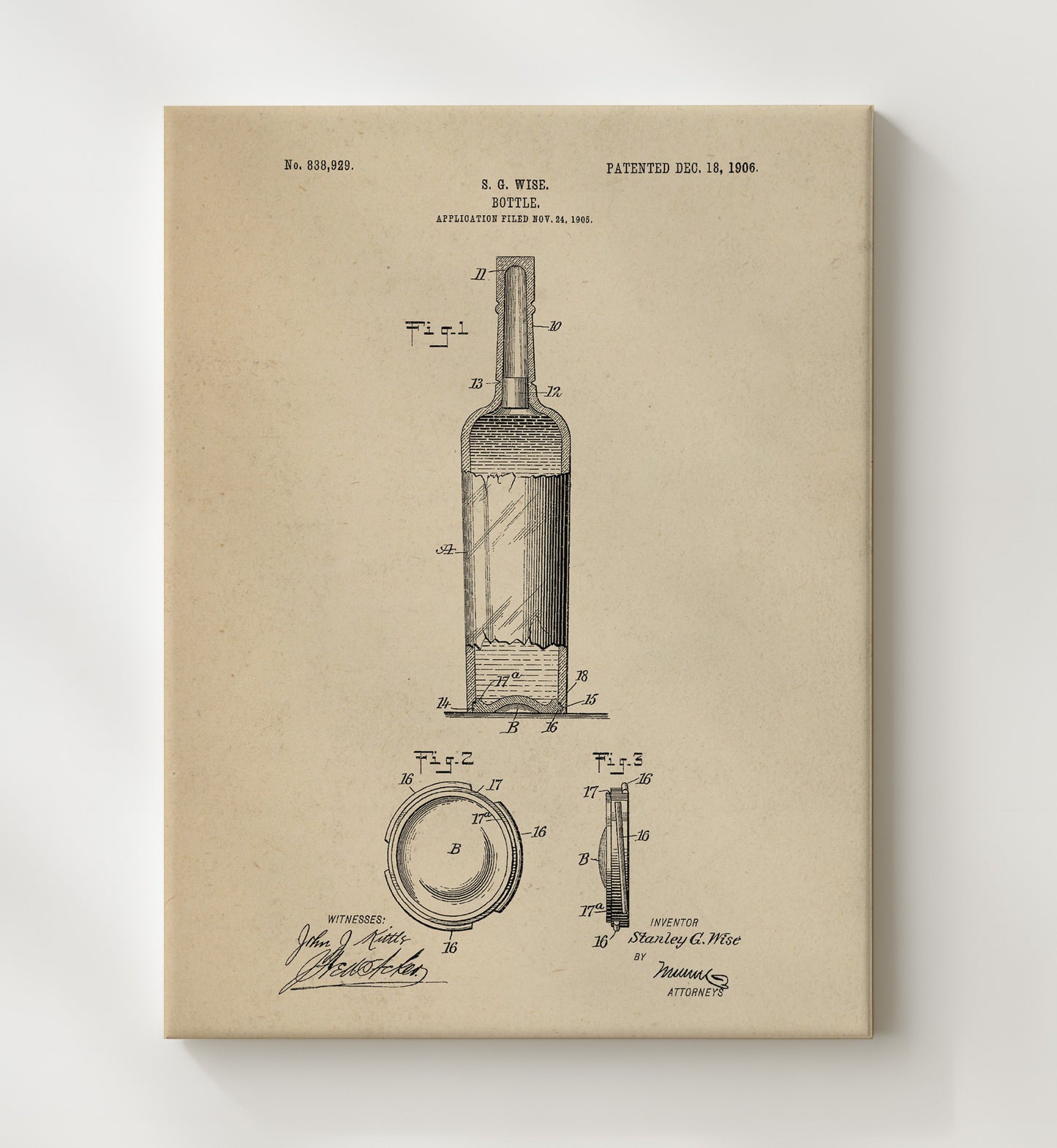 Patent Print - Bottle - S.G. Wise - 1906 - Patent 838929 Patent Wall Art