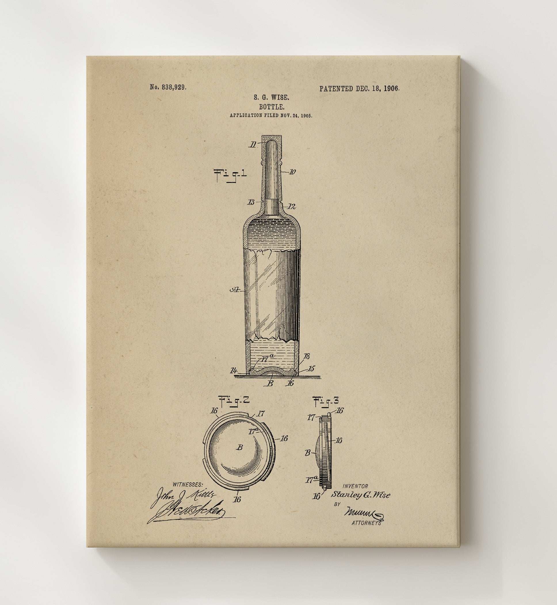 Patent Print - Bottle - S.G. Wise - 1906 - Patent 838929 Patent Wall Art