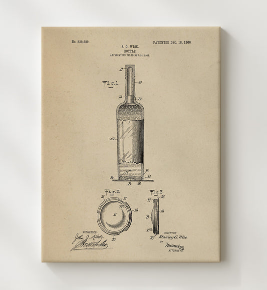 Bottle 1906 patent print wall art 8x10 Canvas
