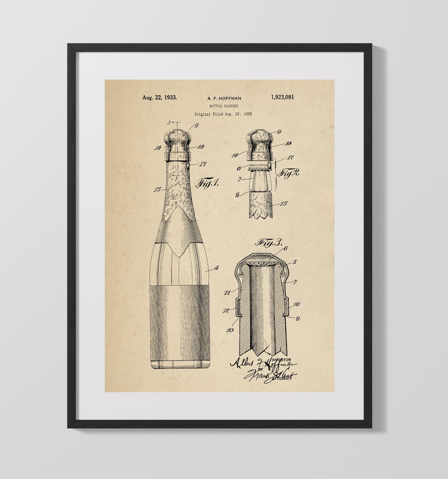 Patent Print - Bottle Closure - A.F. Hoffman - 1933 - Patent 1923091 Patent Wall Art