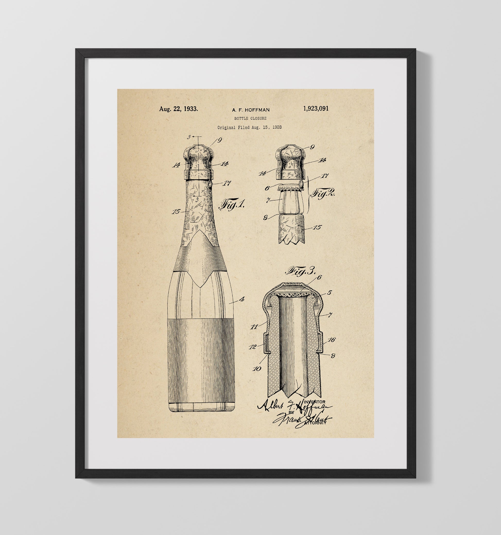 Patent Print - Bottle Closure - A.F. Hoffman - 1933 - Patent 1923091 Patent Wall Art