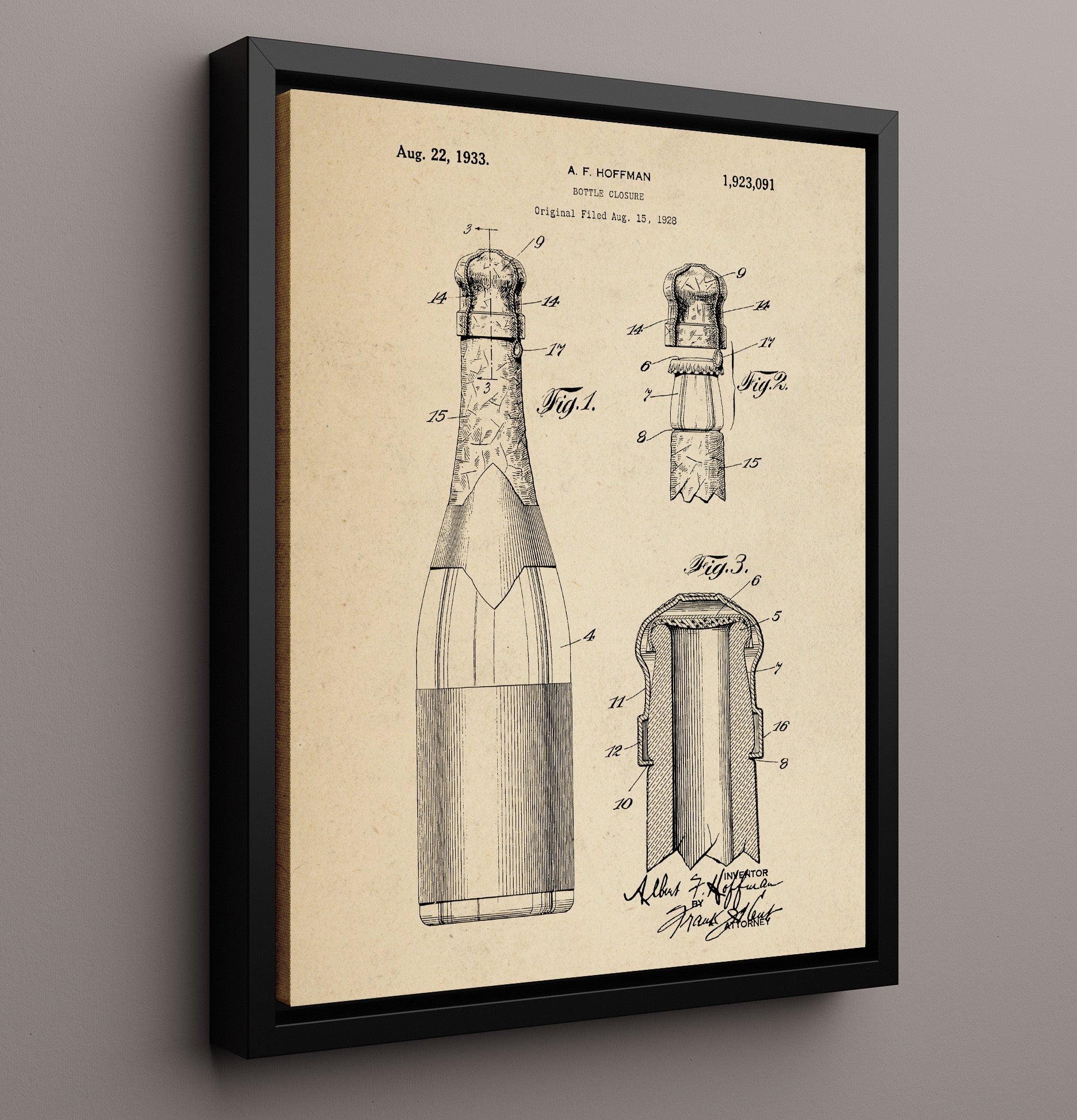 Patent Print - Bottle Closure - A.F. Hoffman - 1933 - Patent 1923091 Patent Wall Art