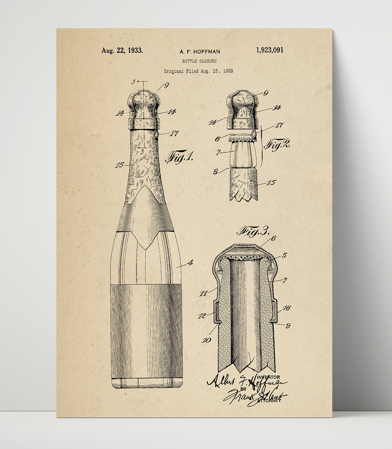 Patent Print - Bottle Closure - A.F. Hoffman - 1933 - Patent 1923091 Patent Wall Art