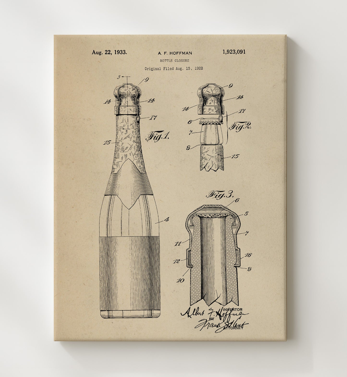 Patent Print - Bottle Closure - A.F. Hoffman - 1933 - Patent 1923091 Patent Wall Art