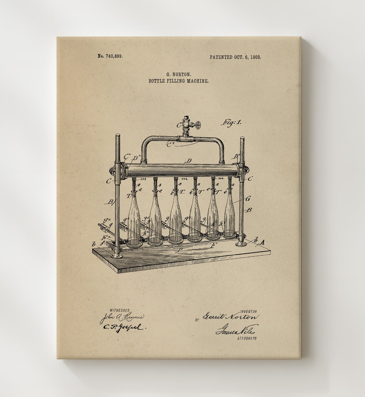 Patent Print - Bottle Filling Machine - G. Norton - 1903 - Patent 740899 Patent Wall Art