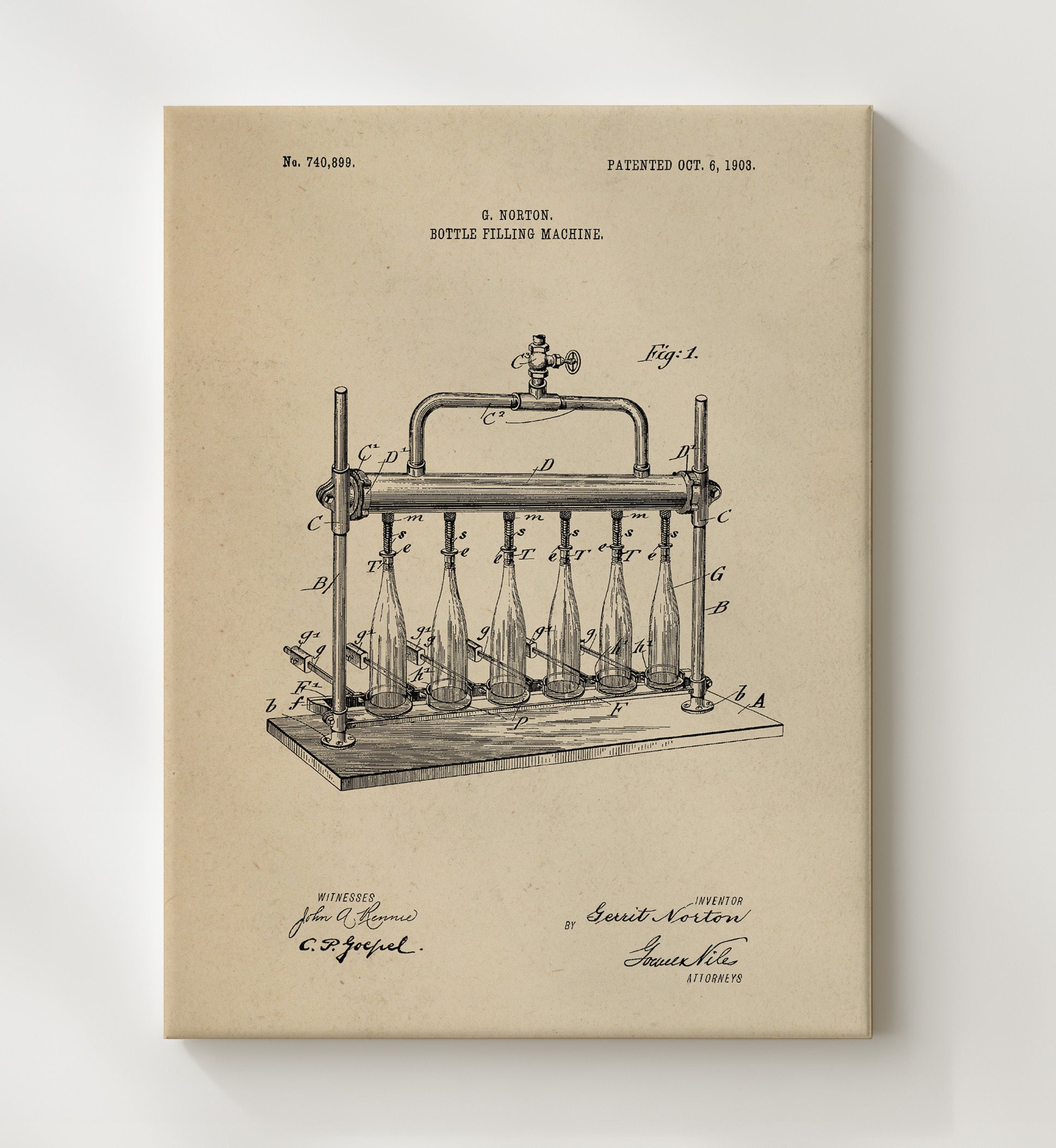 Patent Print - Bottle Filling Machine - G. Norton - 1903 - Patent 740899 Patent Wall Art
