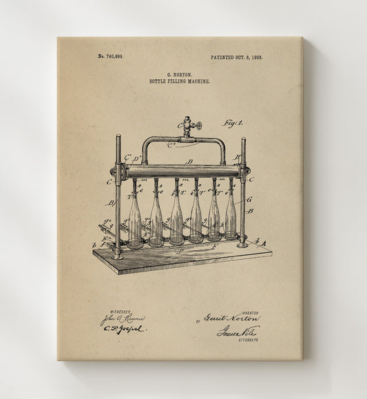 Bottle Filling Machine 1903 patent print wall art 8x10 Canvas