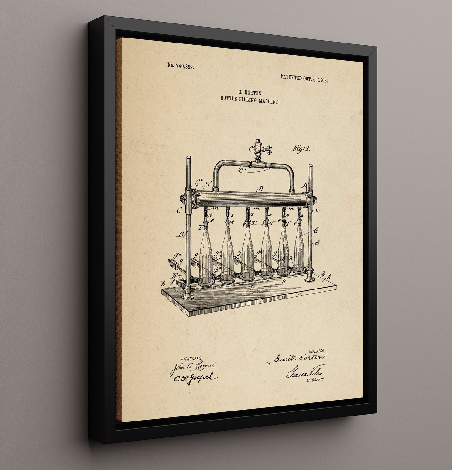 Patent Print - Bottle Filling Machine - G. Norton - 1903 - Patent 740899 Patent Wall Art
