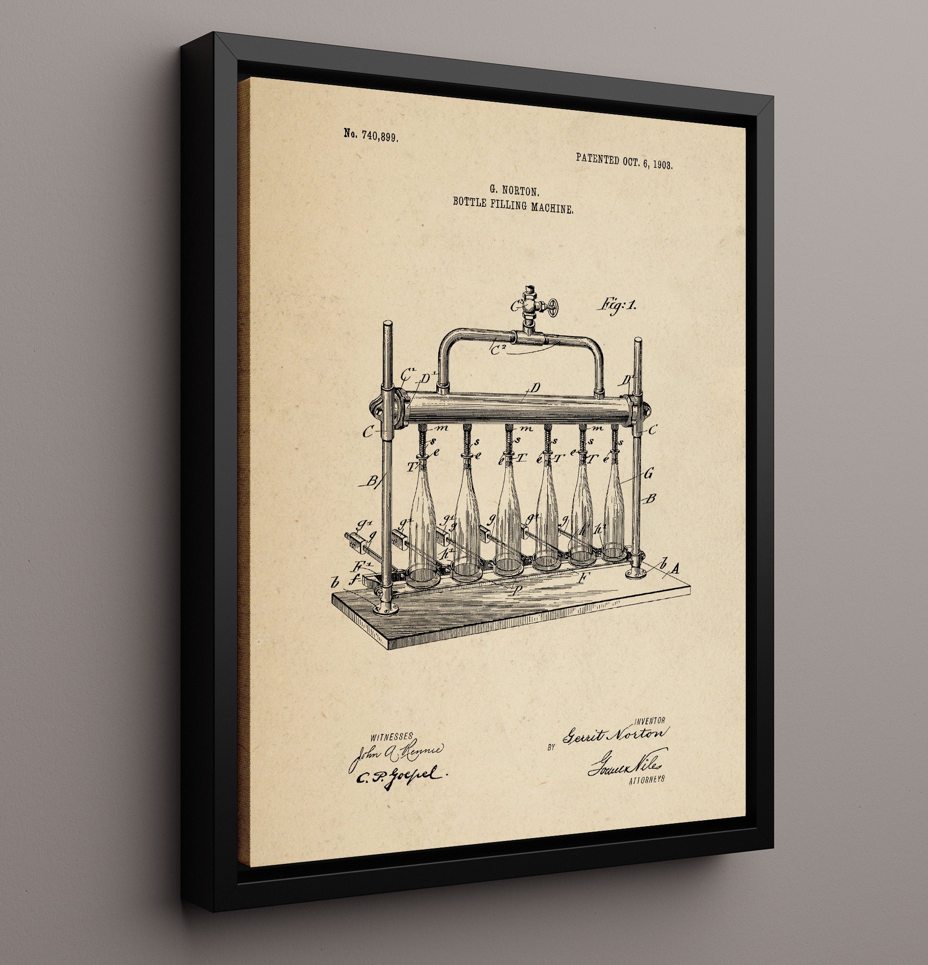 Patent Print - Bottle Filling Machine - G. Norton - 1903 - Patent 740899 Patent Wall Art