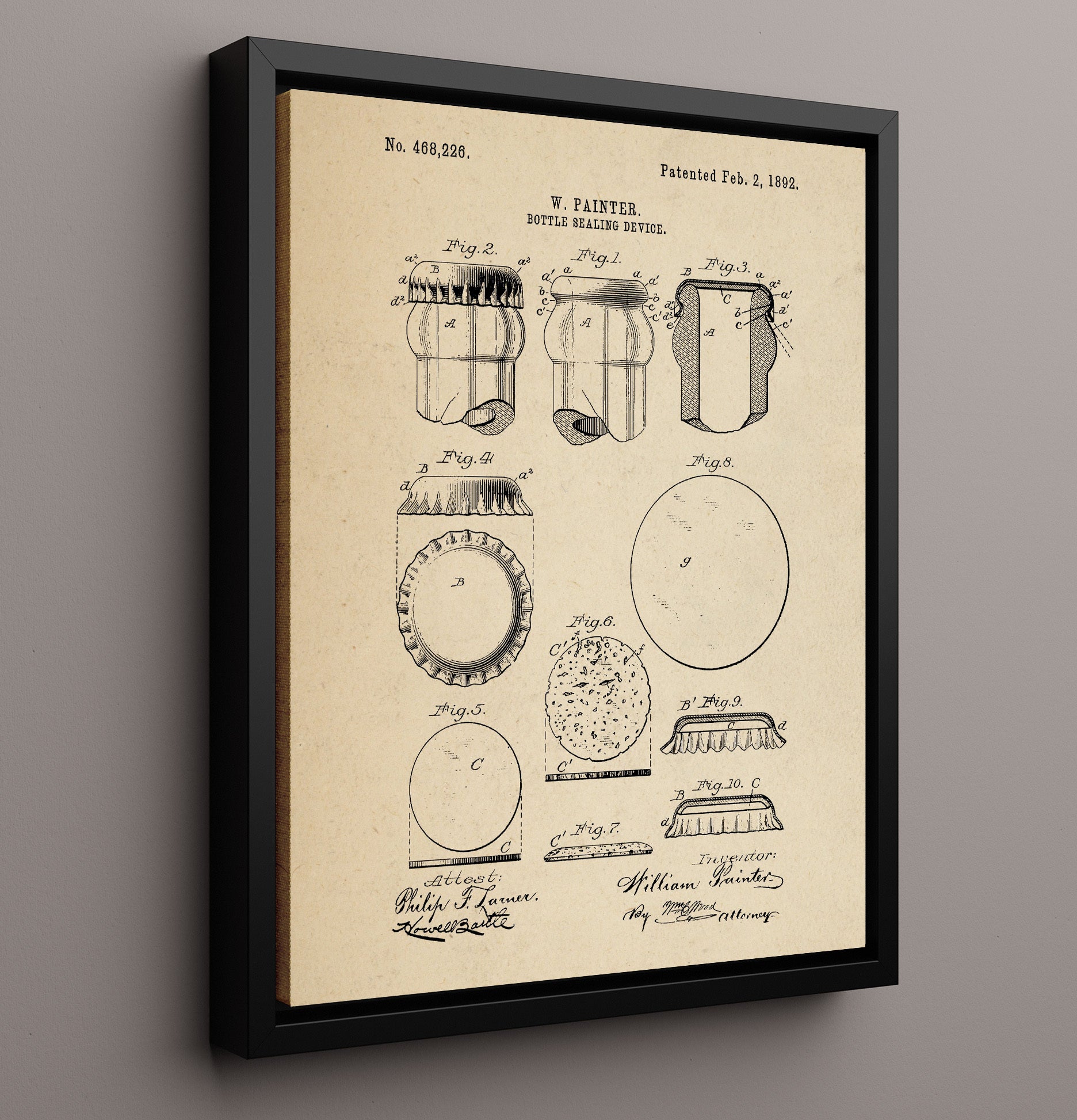 Patent Print - Bottle Sealing Device - W. Painter - 1892 - Patent 468226 Patent Wall Art