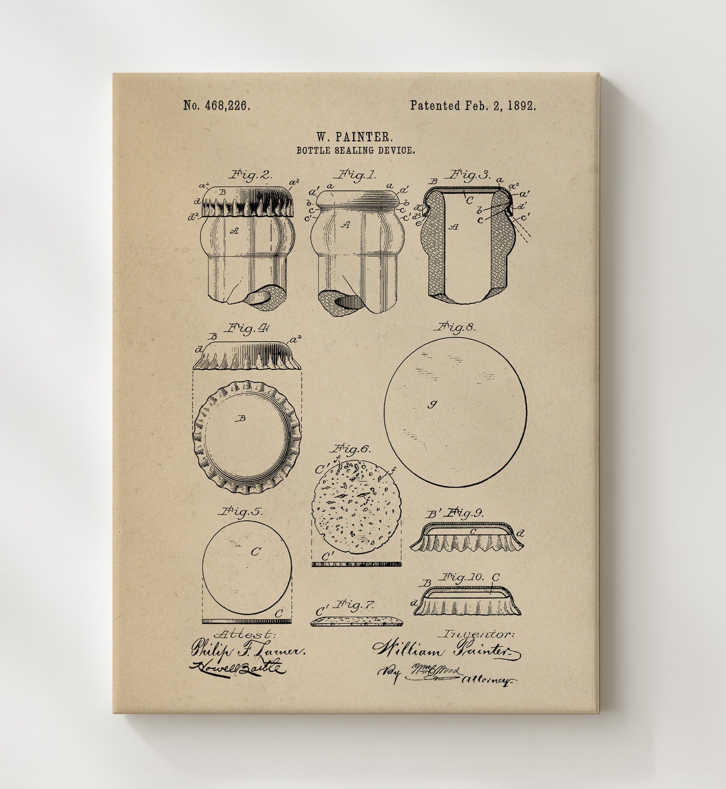Patent Print - Bottle Sealing Device - W. Painter - 1892 - Patent 468226 Patent Wall Art