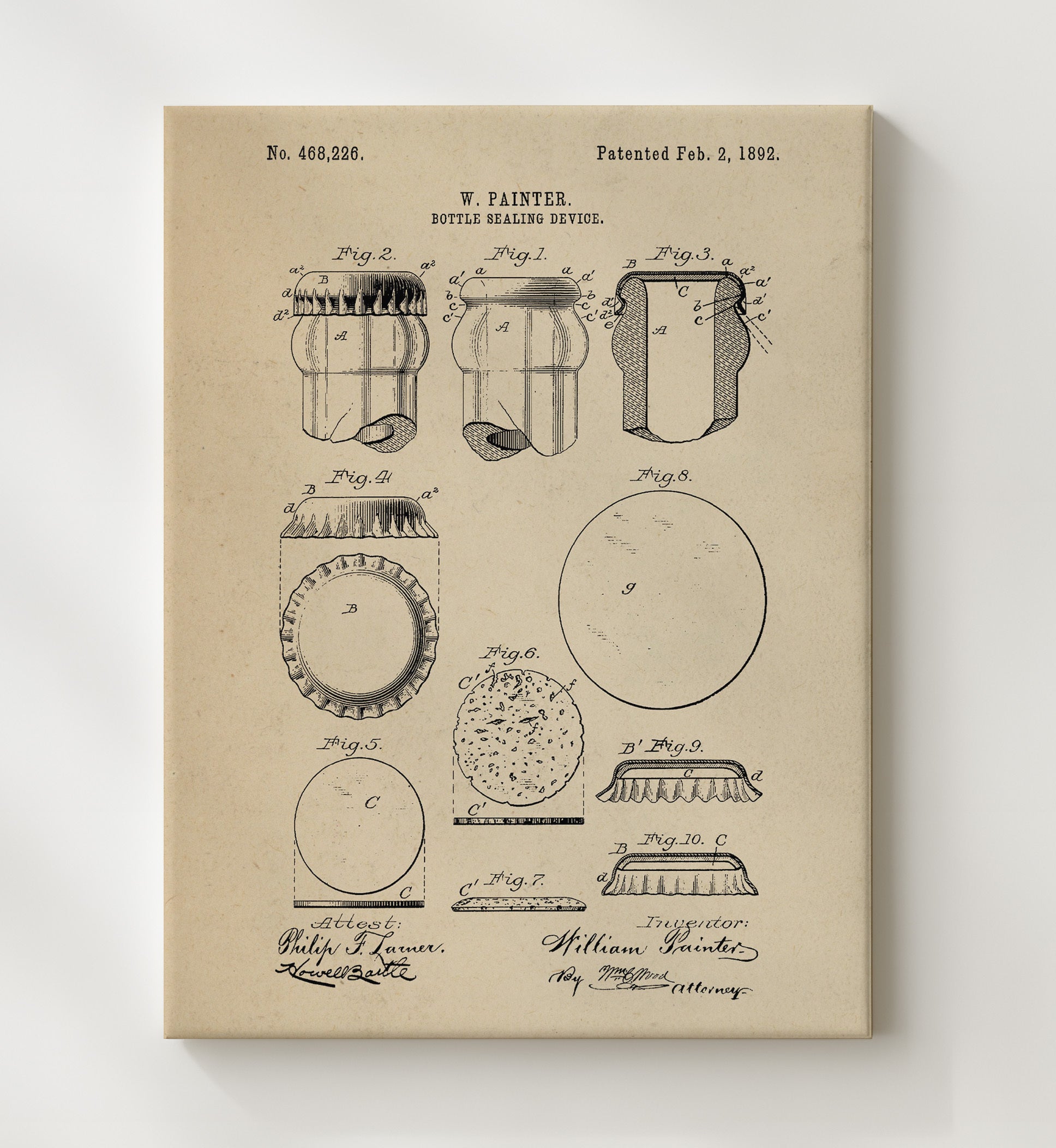 Patent Print - Bottle Sealing Device - W. Painter - 1892 - Patent 468226 Patent Wall Art