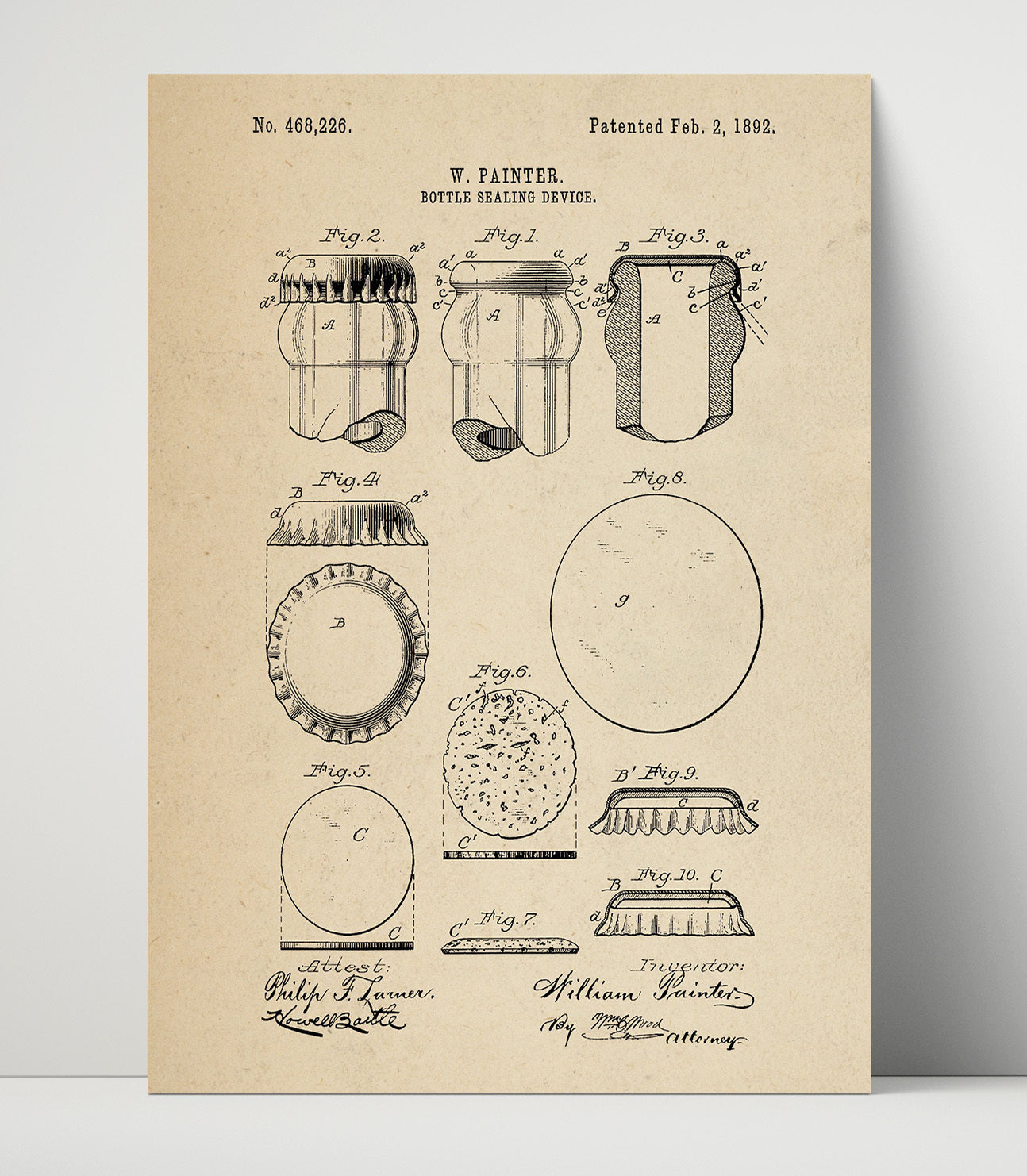 Patent Print - Bottle Sealing Device - W. Painter - 1892 - Patent 468226 Patent Wall Art