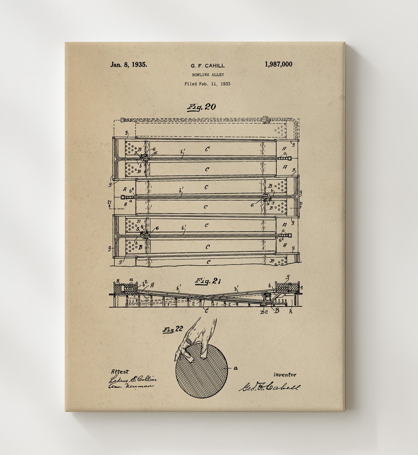 Patent Print - Bowling Alley - G F Cahill - 1935 - Patent 1987000 Patent Wall Art