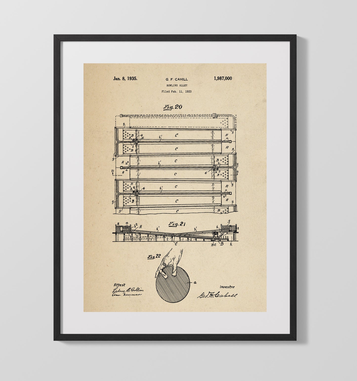 Patent Print - Bowling Alley - G F Cahill - 1935 - Patent 1987000 Patent Wall Art
