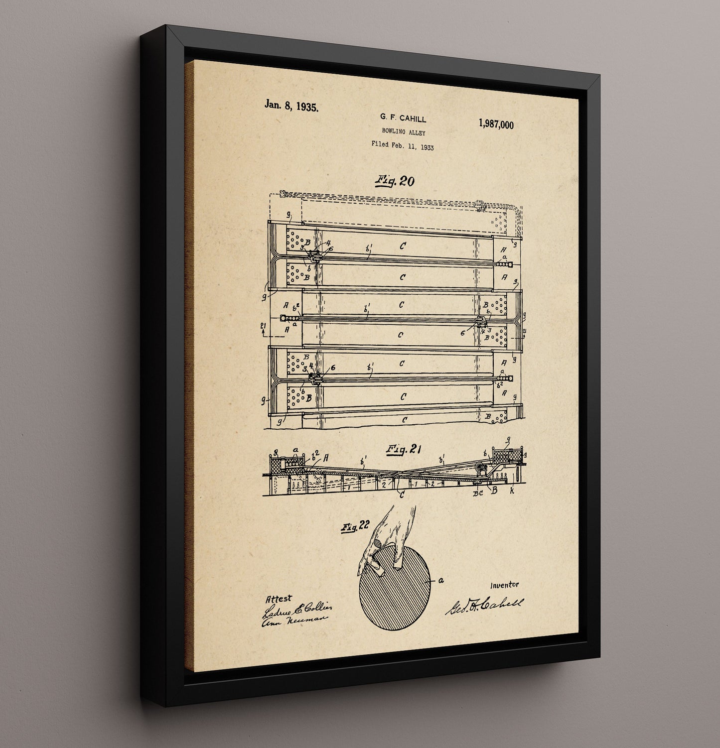 Patent Print - Bowling Alley - G F Cahill - 1935 - Patent 1987000 Patent Wall Art