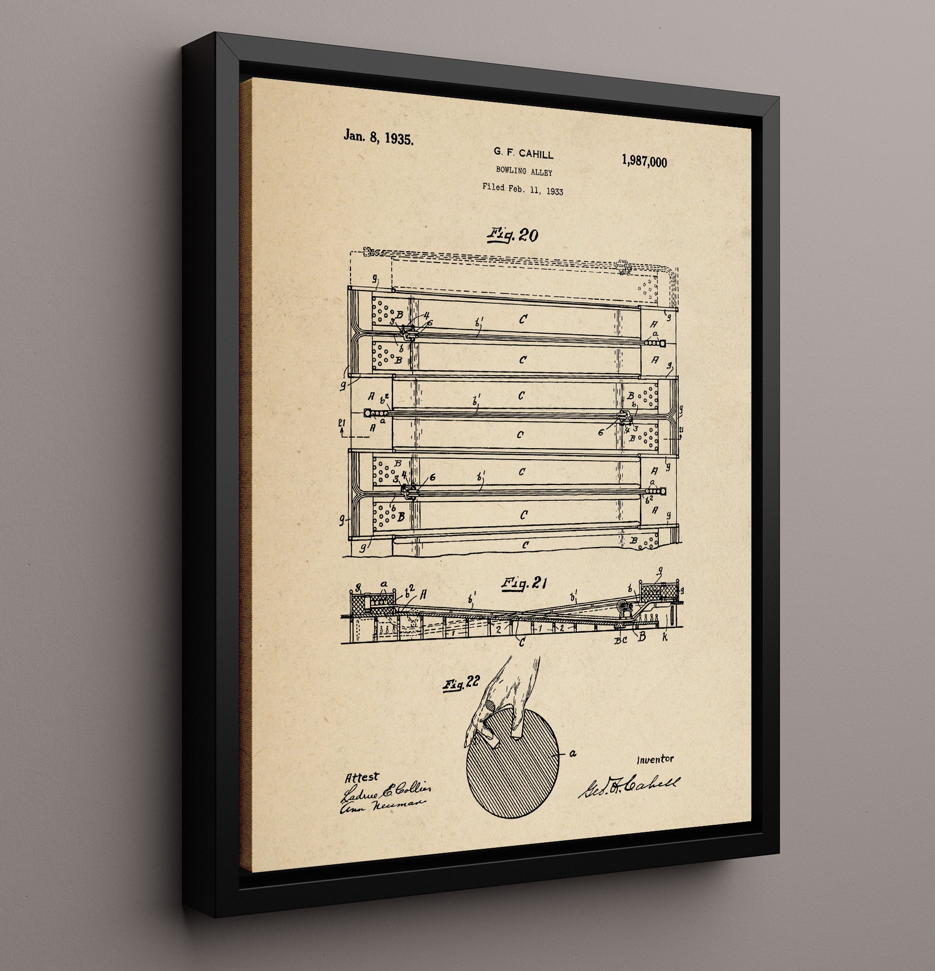 Patent Print - Bowling Alley - G F Cahill - 1935 - Patent 1987000 Patent Wall Art