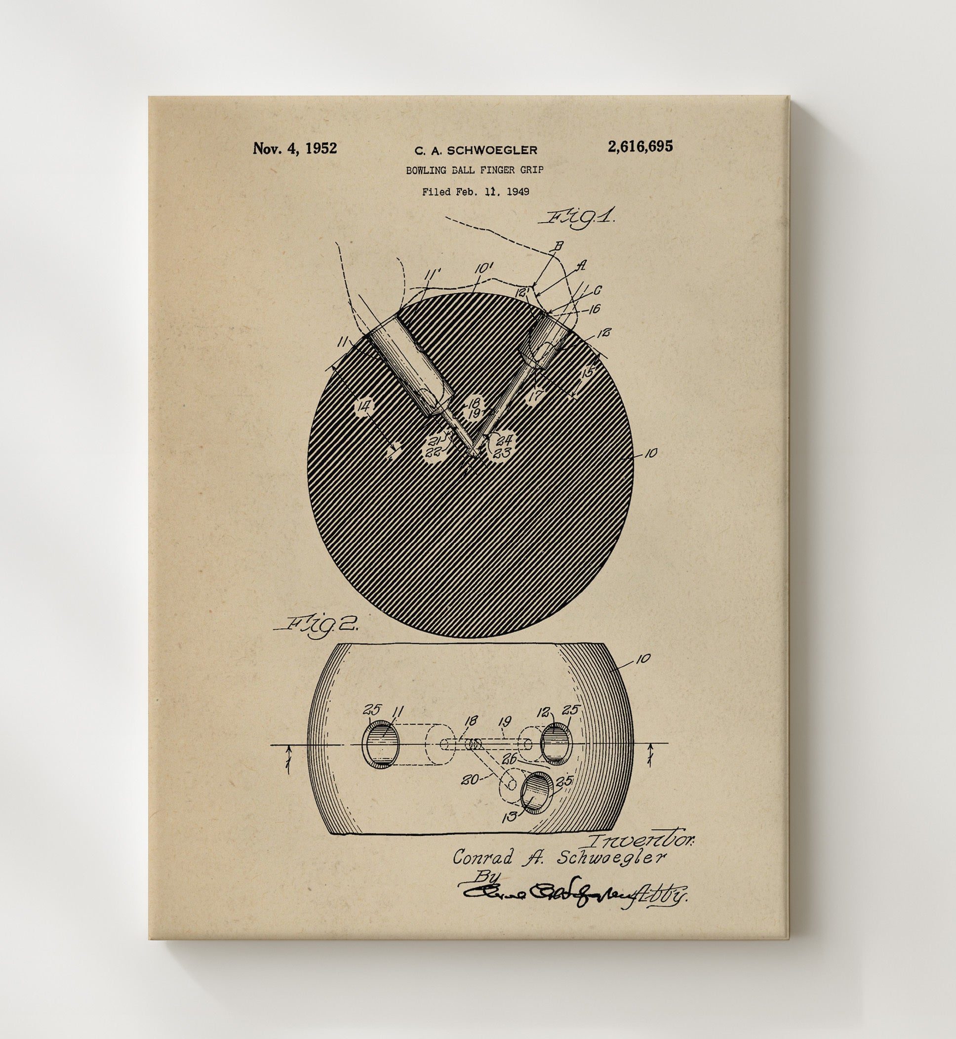Patent Print - Bowling Ball Finger Grip - C A Schwoegler - 1952 - Patent 2616695 Patent Wall Art