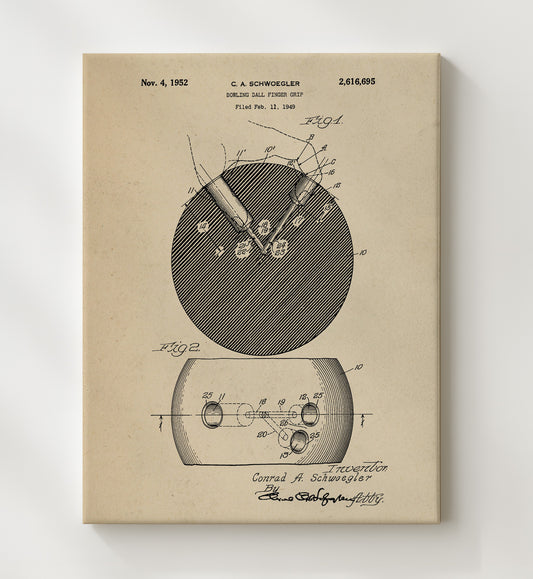 Bowling Ball Finger Grip 1952 patent print wall art 8x10 Canvas