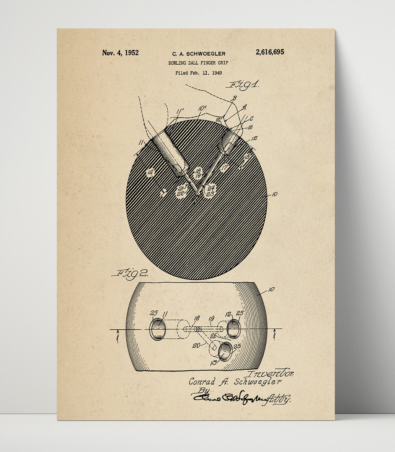 Patent Print - Bowling Ball Finger Grip - C A Schwoegler - 1952 - Patent 2616695 Patent Wall Art
