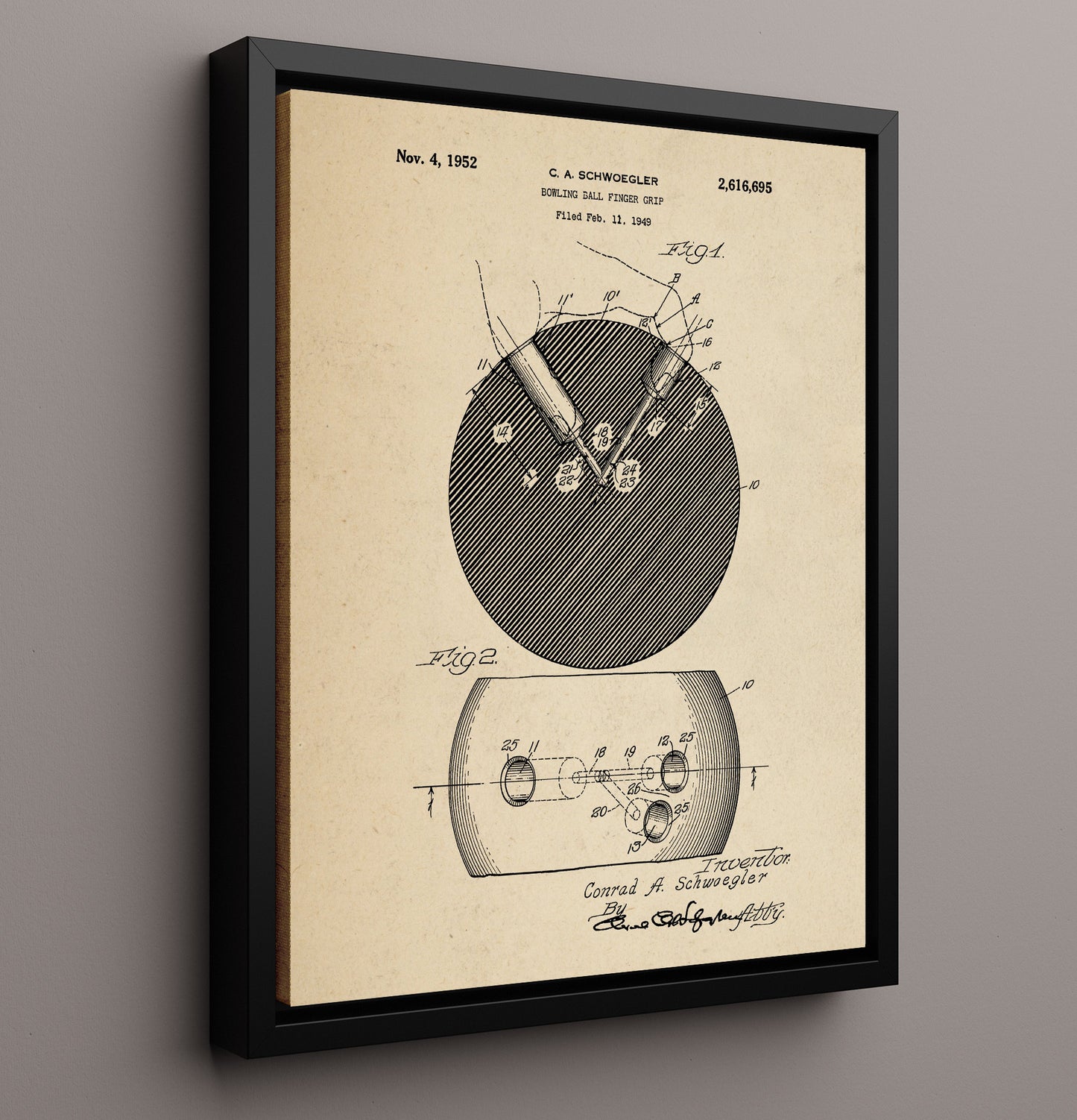 Patent Print - Bowling Ball Finger Grip - C A Schwoegler - 1952 - Patent 2616695 Patent Wall Art