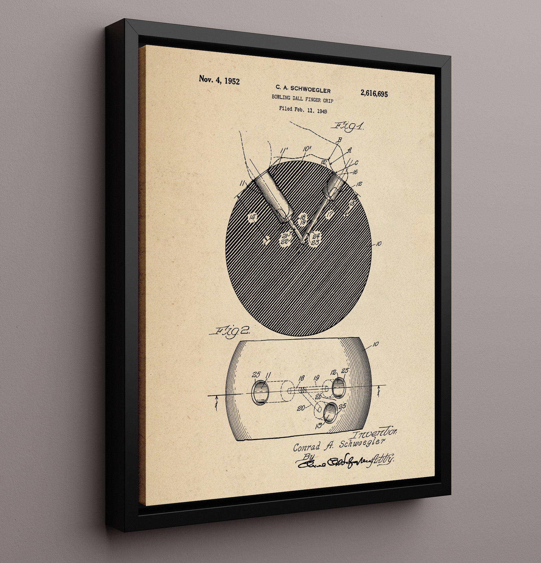 Patent Print - Bowling Ball Finger Grip - C A Schwoegler - 1952 - Patent 2616695 Patent Wall Art