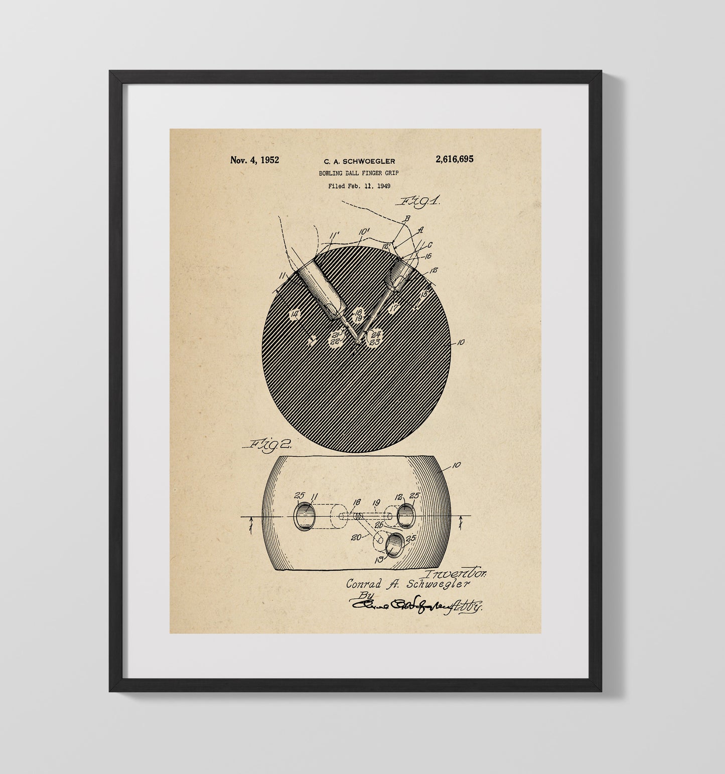 Patent Print - Bowling Ball Finger Grip - C A Schwoegler - 1952 - Patent 2616695 Patent Wall Art
