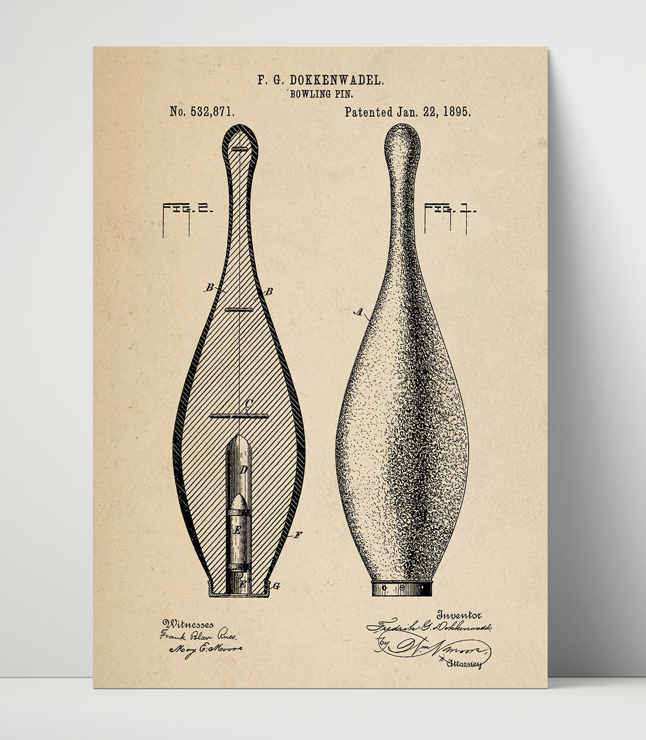 Patent Print - Bowling Pin - F G Dokkenwadel - 1895 - Patent 532871 Patent Wall Art