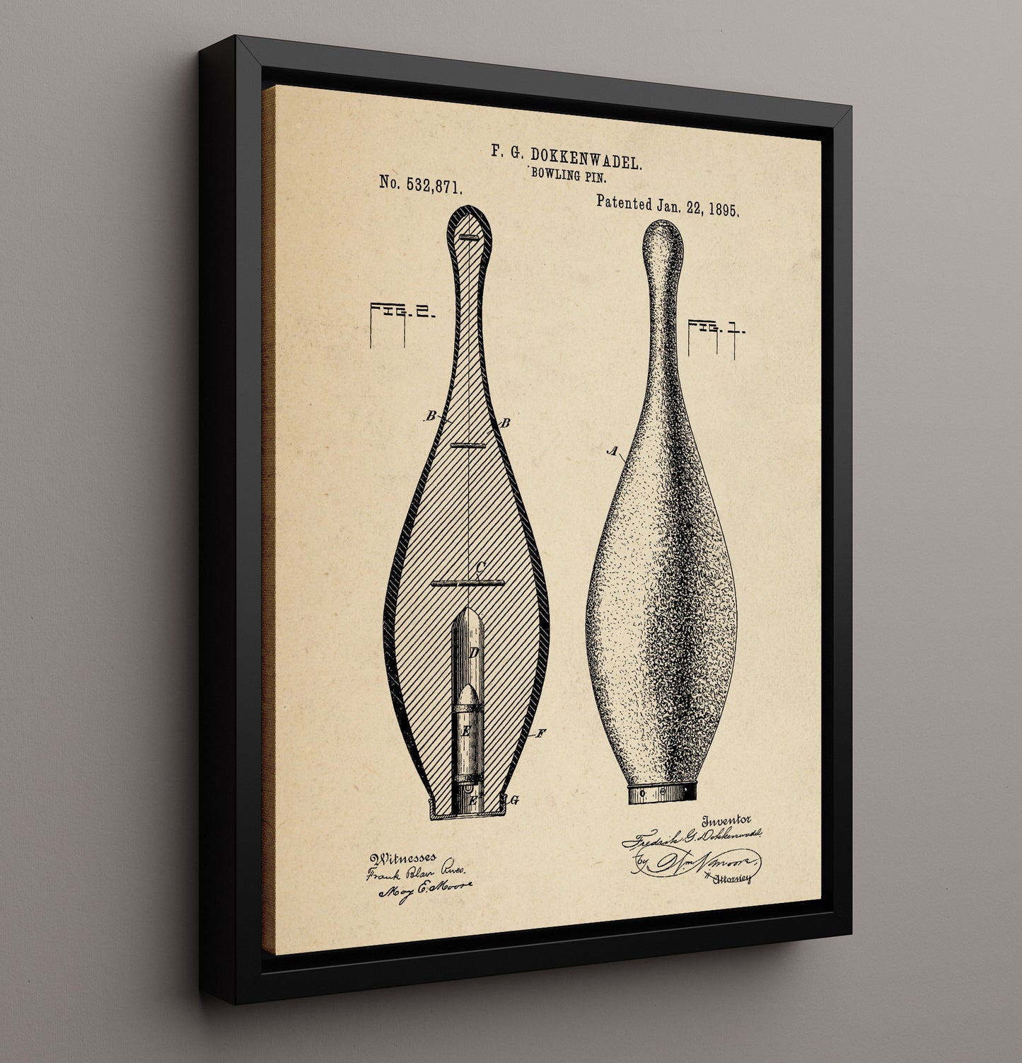 Patent Print - Bowling Pin - F G Dokkenwadel - 1895 - Patent 532871 Patent Wall Art