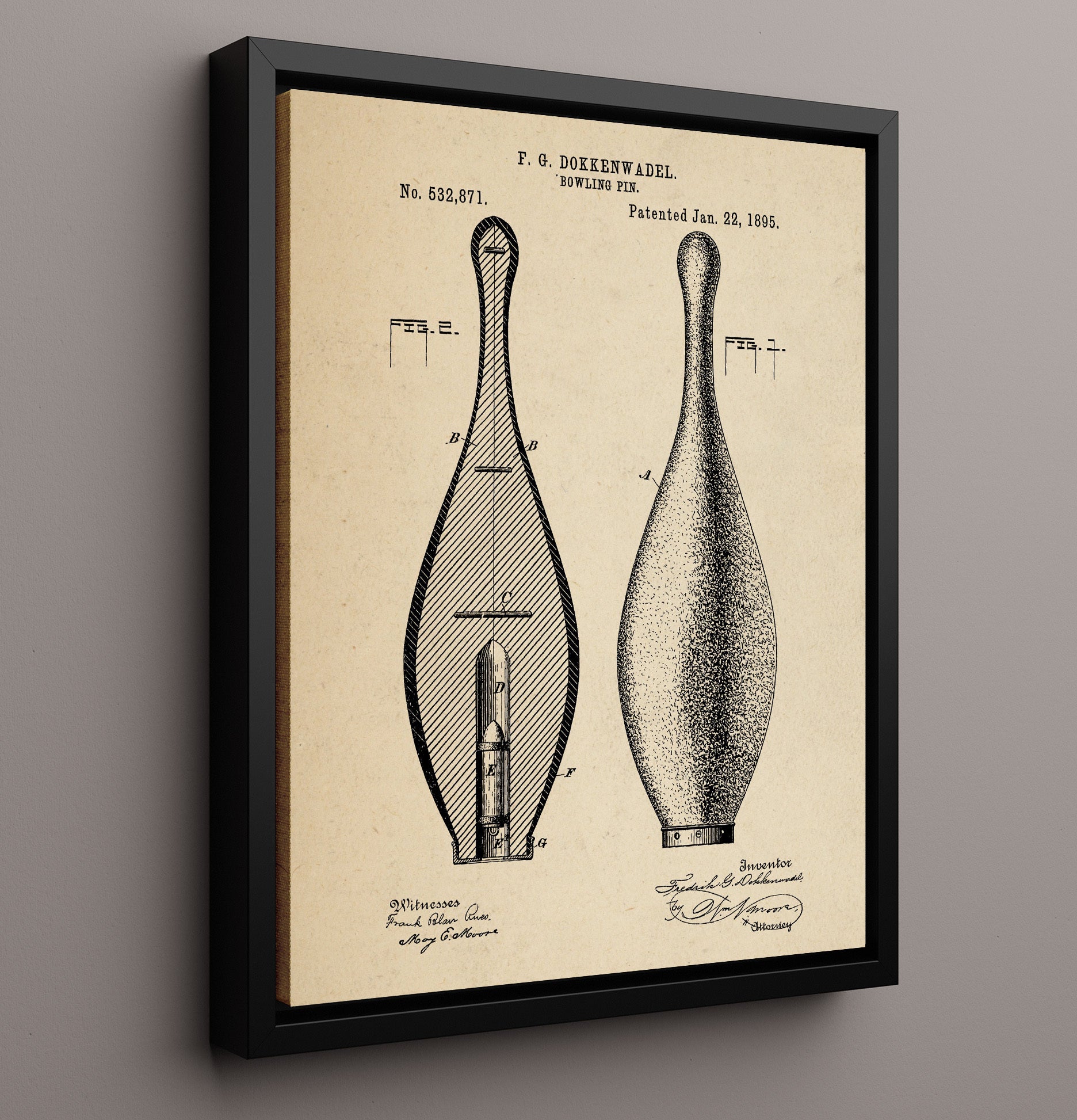 Patent Print - Bowling Pin - F G Dokkenwadel - 1895 - Patent 532871 Patent Wall Art