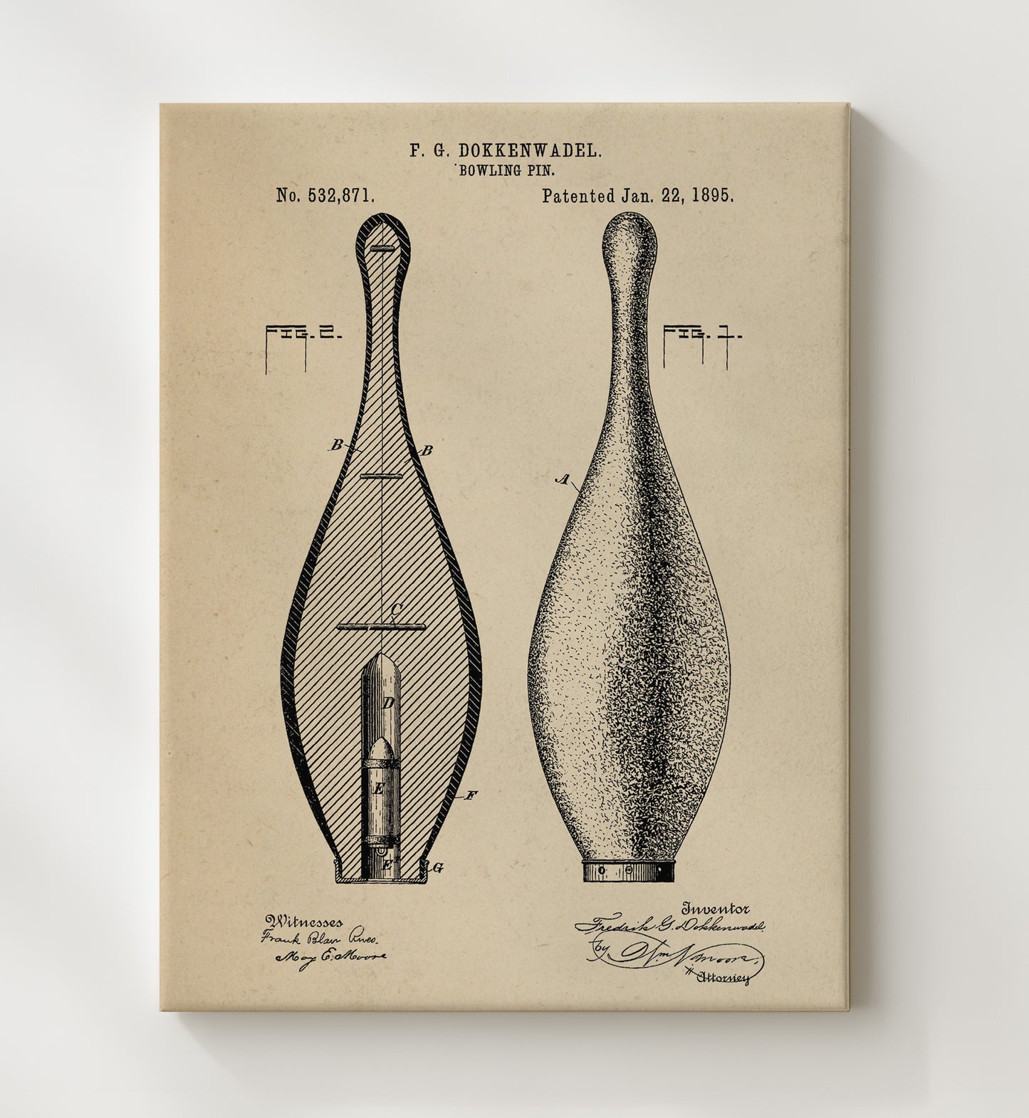 Patent Print - Bowling Pin - F G Dokkenwadel - 1895 - Patent 532871 Patent Wall Art