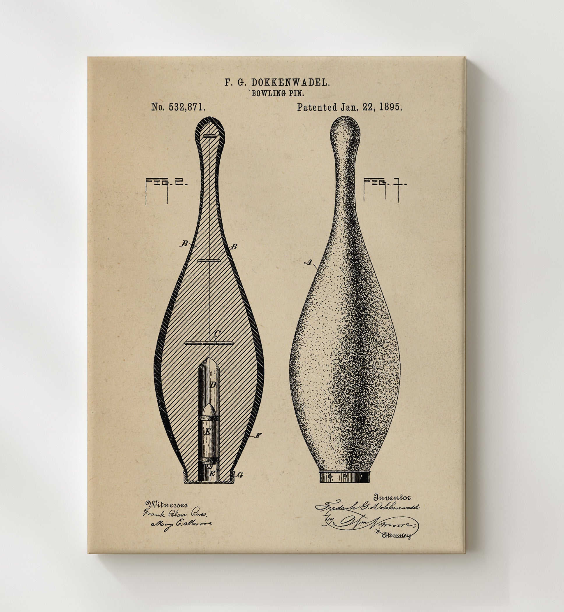 Patent Print - Bowling Pin - F G Dokkenwadel - 1895 - Patent 532871 Patent Wall Art
