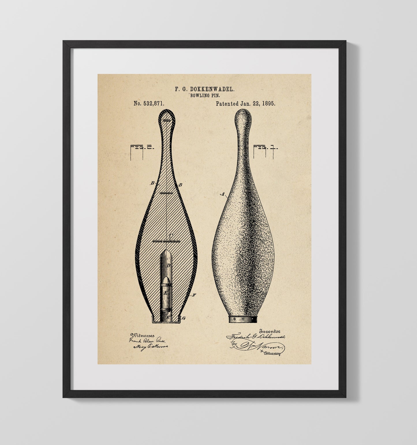 Patent Print - Bowling Pin - F G Dokkenwadel - 1895 - Patent 532871 Patent Wall Art