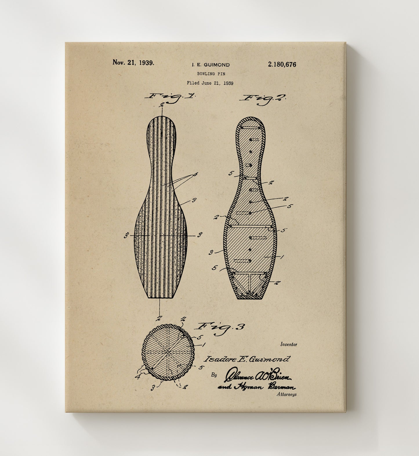 Patent Print - Bowling Pin - I E Guimond - 1939 - Patent 2180676 Patent Wall Art