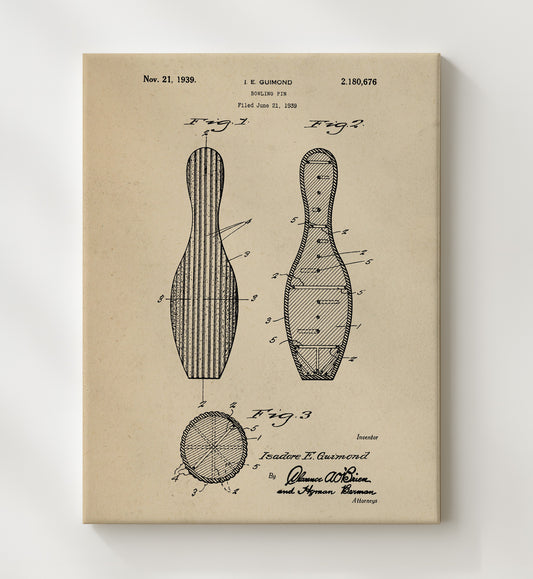 Bowling Pin 1939 patent print wall art 8x10 Canvas